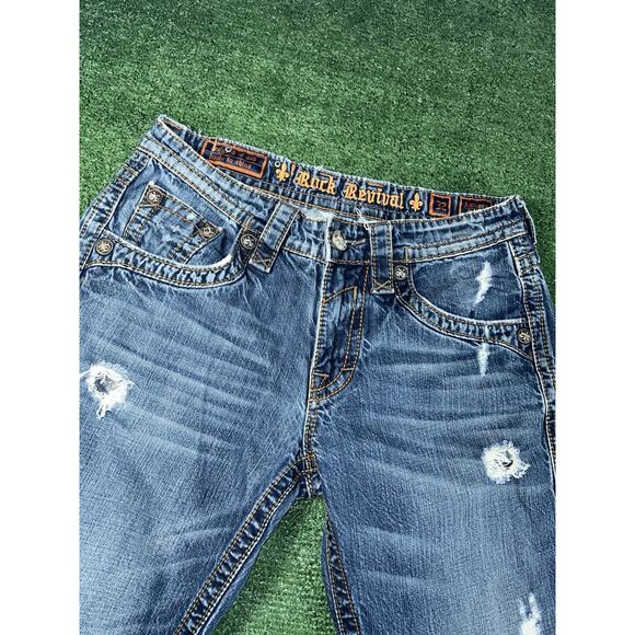 Rock Revival Jeans Mens Y2K Anthony Straight Distressed Faded Whiskering 32x33 - Picture 2 of 12